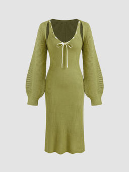 Cider - Knit Scoop Neckline Solid Knotted Midi Dress & Solid Hollow out Shrug Set