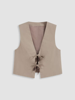 Cider - Linen-blend V-neck Solid Beaded Knotted Blazer Vest