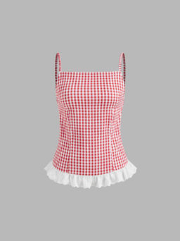 Cider - Square Neck Gingham Broderie Anglaise Trim Zipper Cami Top
