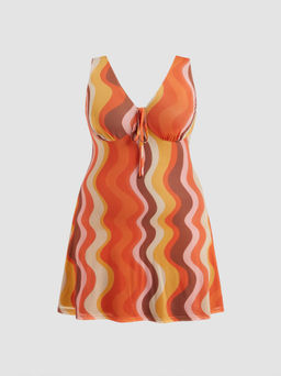 Cider - Mesh V-neck Abstract Wave Knotted Mini Dress Curve & Plus