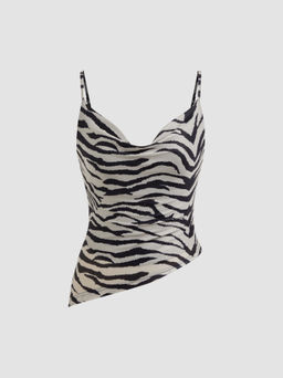 Cider - Mesh Cowl Neck Zebra Striped Asymmetrical Cami Top