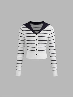 Cider - Knit Sailor Collar Striped Button Crop Long Sleeve Top