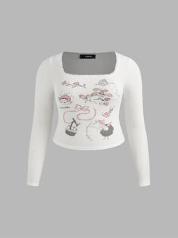 Cider - Square Neck Peach Girl Floral Bowknot Graphic Lace Long Sleeve Tee Curve & Plus