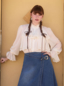 Cider - Chiffon High Neck Solid Lace Faux Pearl Long Sleeve Blouse