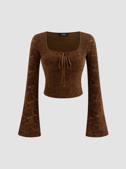 Cider - Lace Square Neck Floral Knotted Bell Sleeve Crop Top