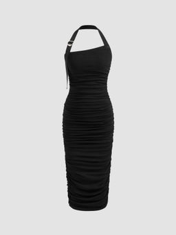 Cider - Halter Solid Asymmetrical Hem Ruched Maxi Dress