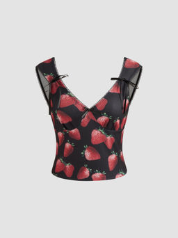 Cider - V-neck Strawberry Print Bowknot Crop Tank Top
