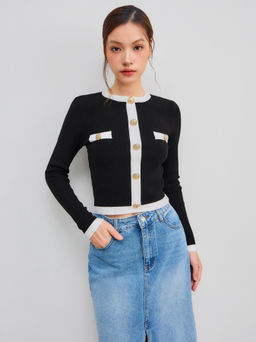 Cider - Knit Round Neckline Contrasting Binding Button Sweater