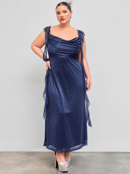 Cider - Mesh Cowl Neck Solid Sequin Ruffle Hem Maxi Dress Curve & Plus