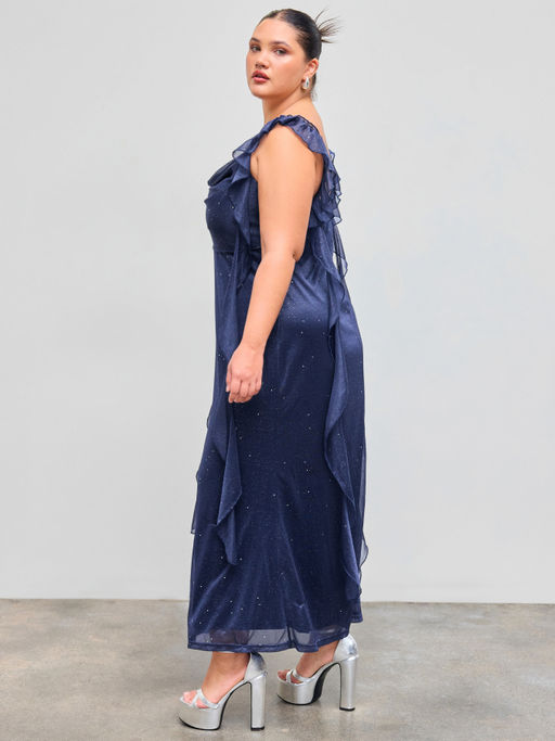 Buy Cider Mesh Cowl Neck Solid Sequin Ruffle Hem Maxi Dress Curve & Plus  (0XL) Online