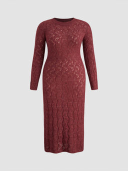 Cider - Wool-blend Round Neckline Solid Hollow Out Knitted Maxi Dress Curve & Plus