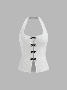Cider - Halter Neckline Solid Texture Bowknot Crop Top