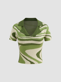 Cider - Knit Polo Abstract Short Sleeve Crop Top