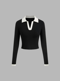 Cider - Knit Polo Contrasting Binding Crop Top