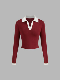 Cider - Knit Polo Contrasting Binding Crop Top