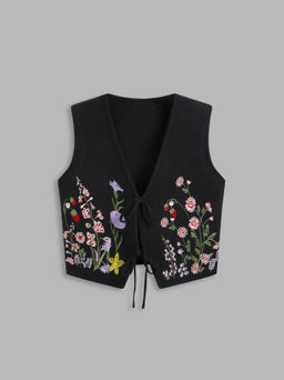 Cider - Knit V-neck Floral Embroidery Tie Front Vest