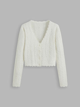 Cider - Wool-blend V-neck Solid Wave Trim Button Knitted Cardigan