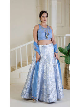 Ritivesh - Shimmering Cornflour Blue Hand Embroidered Lehenga with Blouse and Dupatta (Set of 3)