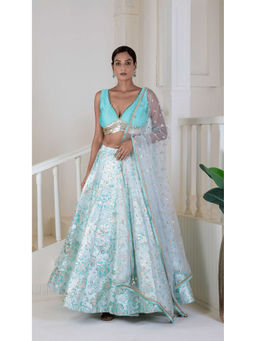 Ritivesh - Shimmering Sky Blue Hand Embroidered Lehenga with Blouse and Dupatta (Set of 3)