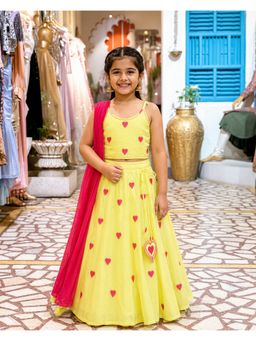 devils n angels - Yellow Festive Heart Printed Choli and Lehenga with Pink Dupatta