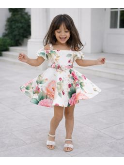 devils n angels - Girls White Floral Printed Scuba Off Shoulder Frock