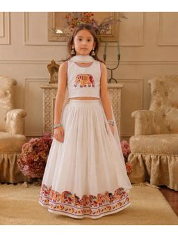 devils n angels - Girls White Elephant Embroidered Lehenga with Choli and Dupatta