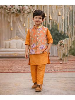 devils n angels - Boys Orange Kurta with Pyjama and Floral Embroidery Nehru Jacket