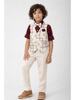 devils n angels - Boys Printed Cream Shirt and Pant with Waistcoat & Bow, Brooch