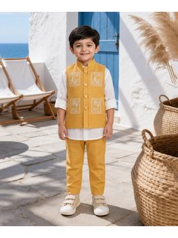 devils n angels - Boys Yellow Cotton Embroidered Shirt and Pant with Nehru Jacket