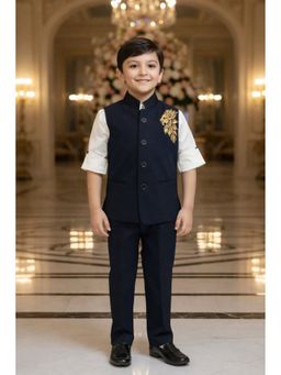 devils n angels - Boys Navy Blue Lion Zari Embroidery Shirt and Pant with Nehru Jacket