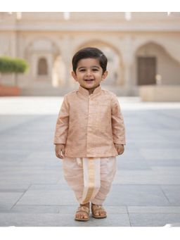 devils n angels - Peach Silk Kurta with Golden Border with Dhoti