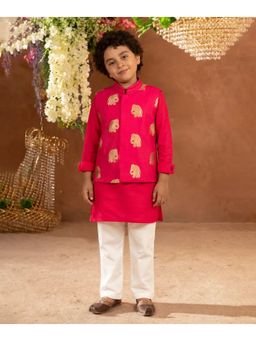devils n angels - Boys Ethnic Red Golden Elephant Printed Kurta with Nehru Jacket