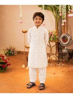 devils n angels - Boys White Golden Booti Embroidery Kurta with Salwar