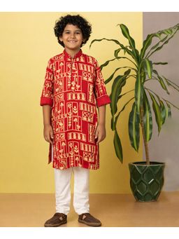 devils n angels - Boys Red Traditional Print Kurta with Pyjama