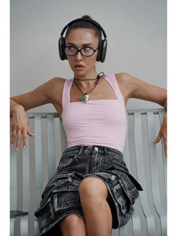 Bonkers Corner - Baby Pink Polyamide Square Neck Top