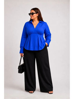 Virgio - Womens Solid Cotton Blue Balloon Sleeve Plus Size Top