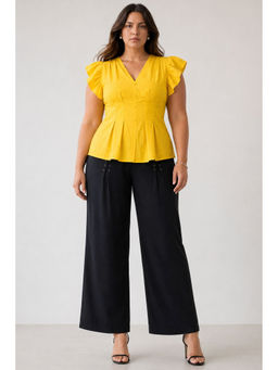 Virgio - Womens Solid Linen Pleated Peplum Plus Size Top