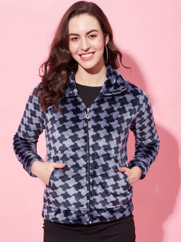 Modeve - Womens Navy Blue Full Sleeve Self Design Winter Jacket