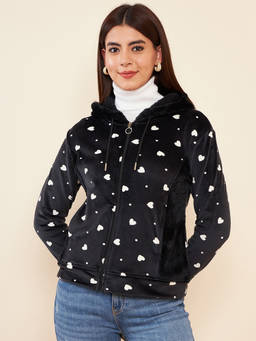 Modeve - Black Conversational Printed Hooded Lightweight Tailored Jacket