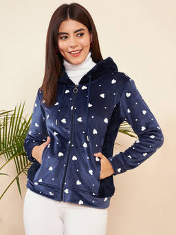 Modeve - Navy Blue Conversational Printed Hooded Lightweight Tailored Jacket