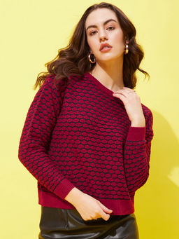 Modeve - Womens Maroon Self Design Round Neck Casual Sweater