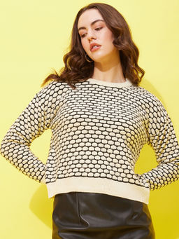 Modeve - Womens White Self Design Round Neck Casual Sweater