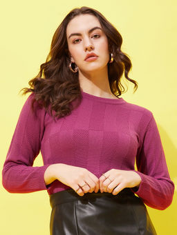 Modeve - Womens Mauve Self Design Round Neck Casual Winter Sweater
