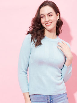 Modeve - Womens Blue Self Design Round Neck Casual Winter Sweater