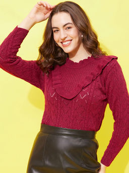 Modeve - Womens Wine Designer Round Neck Casual Sweater