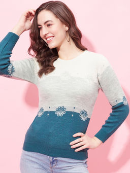 Modeve - Womens Teal Flower Print Round Neck Casual Sweater