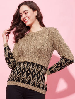 Modeve - Acrylic Blend Cable Knit Camel Round Neck Winter Sweater
