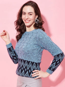 Modeve - Acrylic Blend Cable Knit Blue Round Neck Winter Sweater