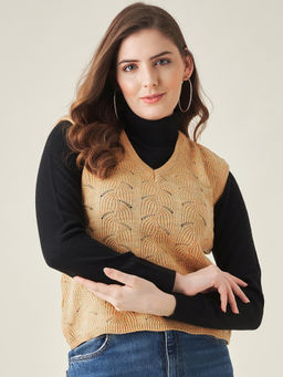 Modeve - Womens Yellow Self Design V Neck Casual Sweater