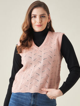 Modeve - Womens Pink Self Design V Neck Casual Sweater